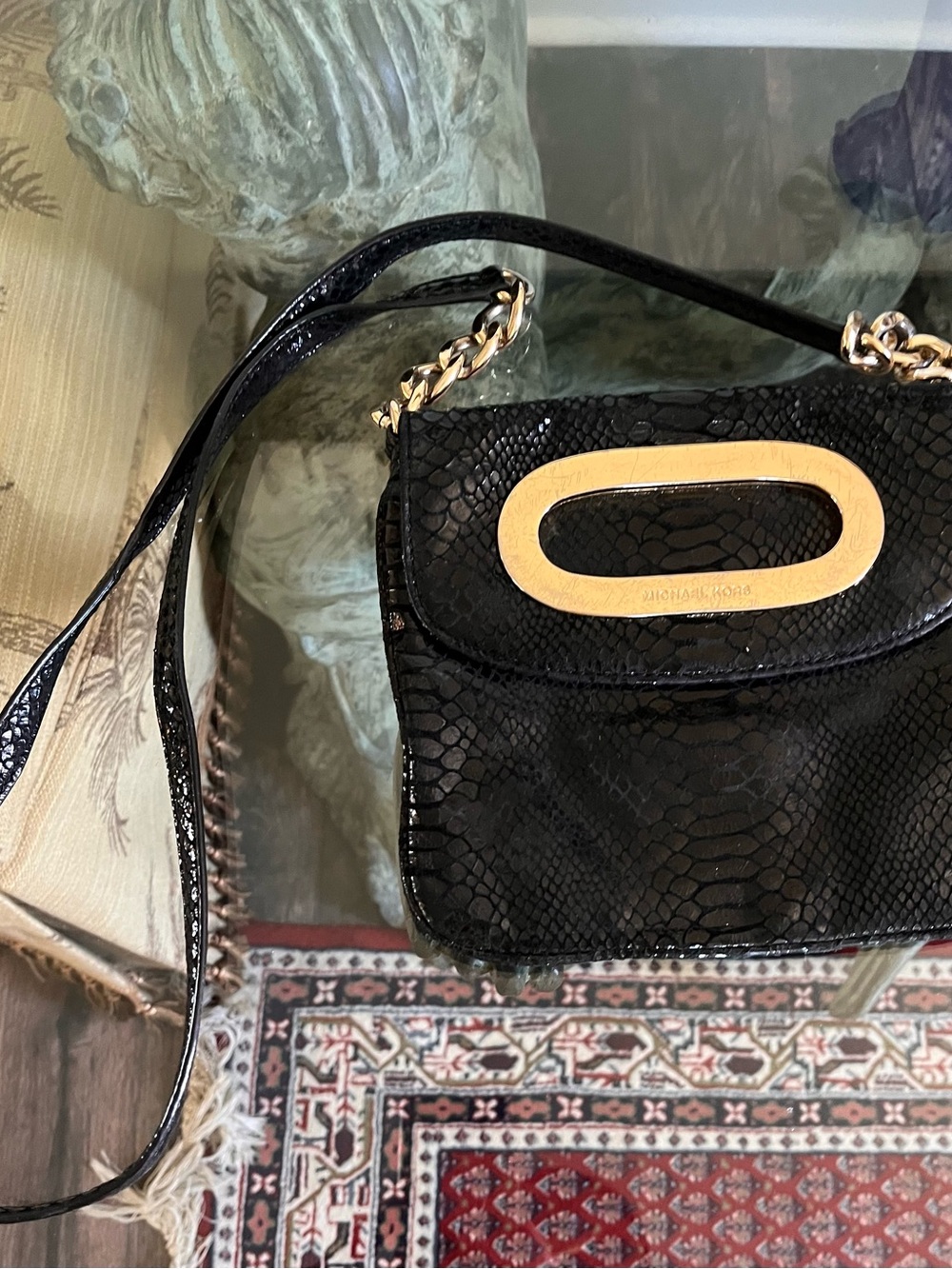 Michael Kors Berkley Black Faux-Snake Crossbody Bag with Gold Accent